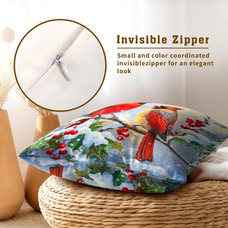 Granbey Winter Red Bird Throw Pillow Cover Set of 2 18x18 Inch Christmas Winter Pillowcase Nature Birds Scene Cushion Covers Farmhouse Pillow Protector for Home Bedroom Sofa - Image 3