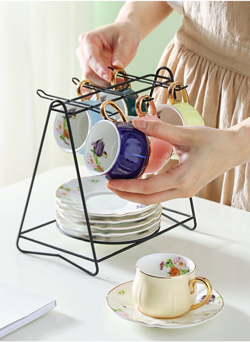 Shuer Gold Handle Small Five Leaf Cup And  Saucer Ceramic 6 Cup And  Saucer Set With Iron Frame  - Image 1