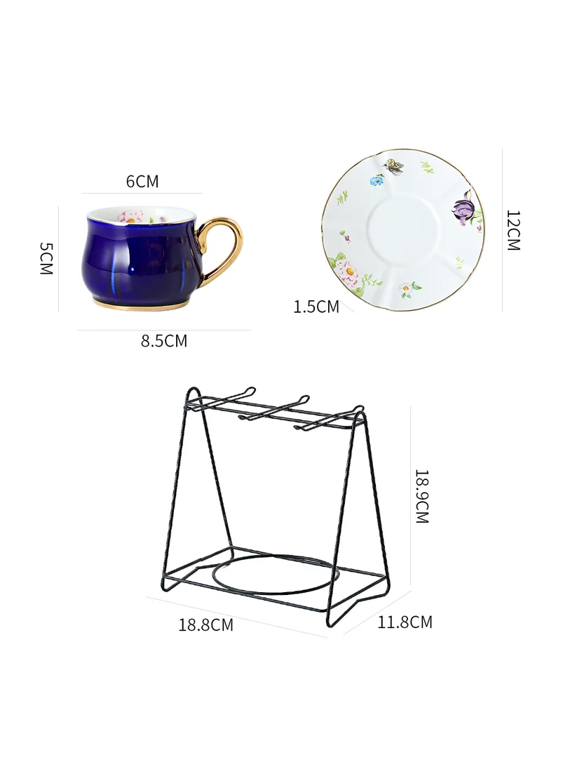 Shuer Gold Handle Small Five Leaf Cup And  Saucer Ceramic 6 Cup And  Saucer Set With Iron Frame