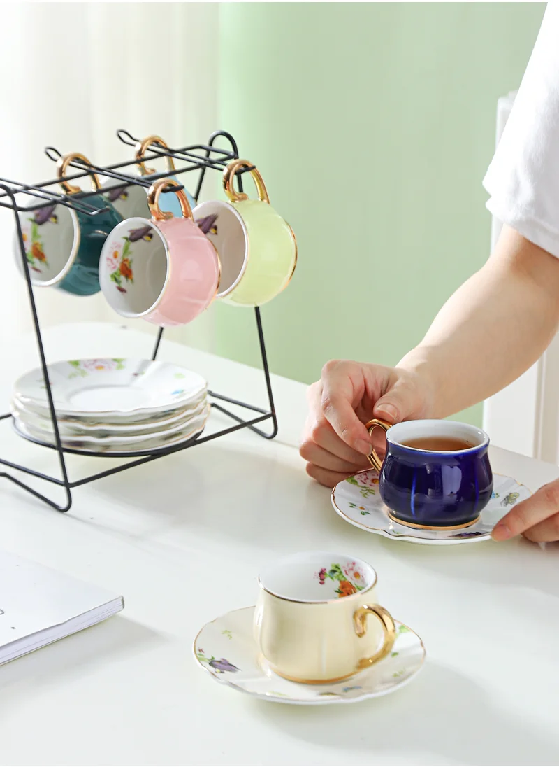 Shuer Gold Handle Small Five Leaf Cup And  Saucer Ceramic 6 Cup And  Saucer Set With Iron Frame