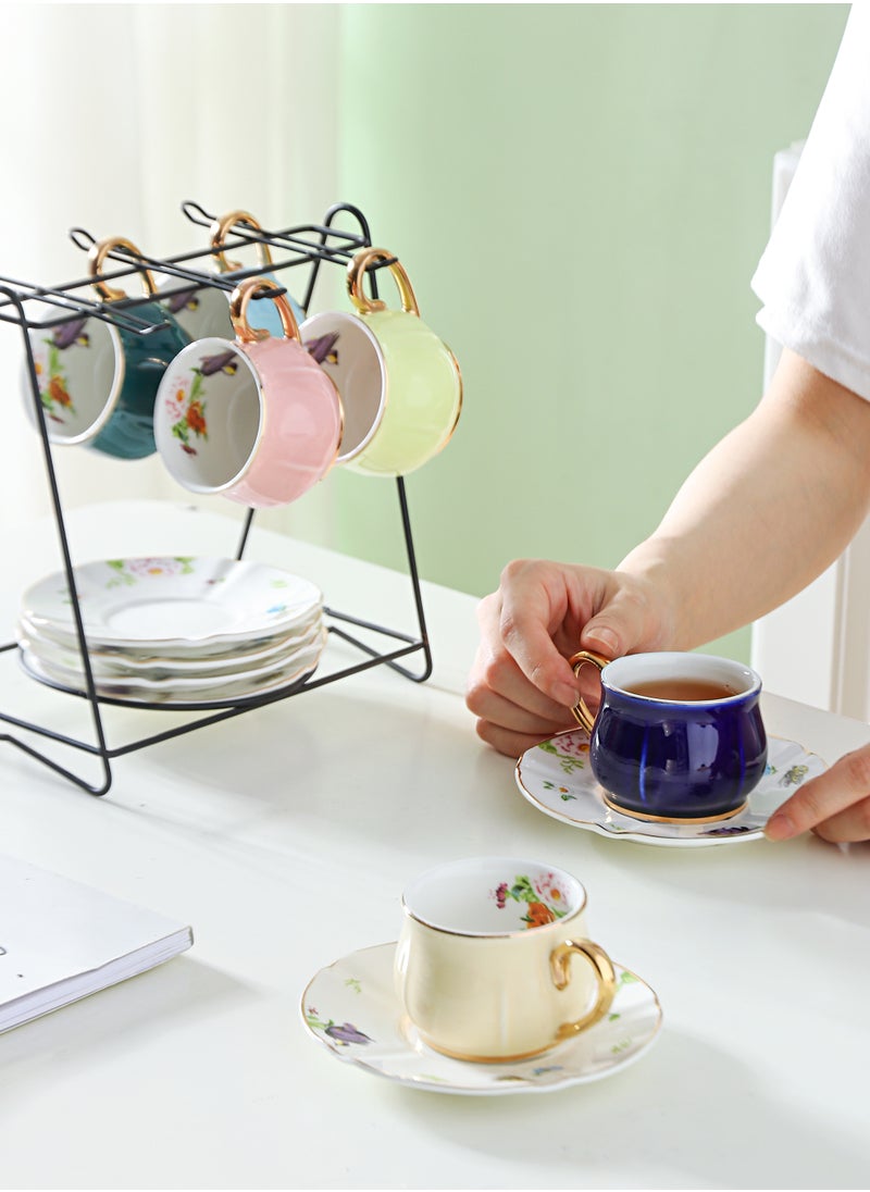 Shuer Gold Handle Small Five Leaf Cup And  Saucer Ceramic 6 Cup And  Saucer Set With Iron Frame  - Image 4