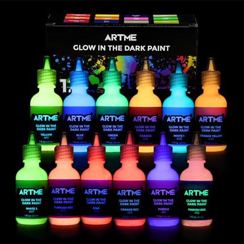 ARTME Glow in The Dark Paint, Glow Paint Set of 12 Bright Colors 30ml/1oz, Long Lasting Glow Fluorescent Perfect for Art Painting, DIY projects, Easter, Halloween, and Christmas Decorations - Image 1