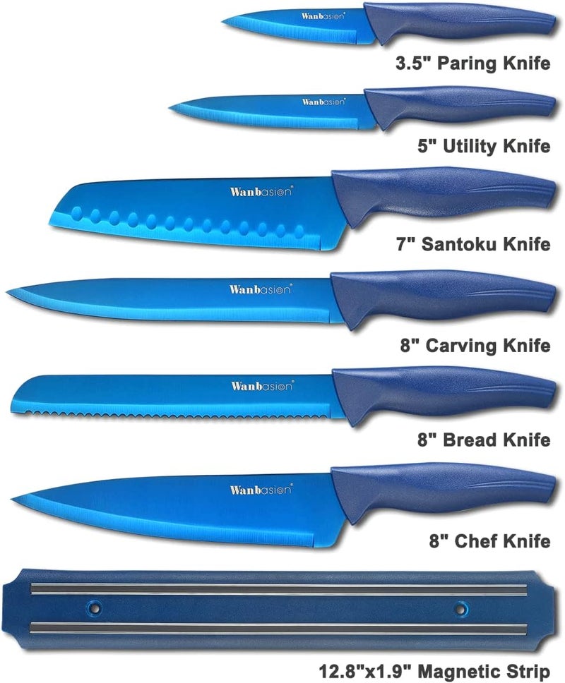 Wanbasion 7 Piece Blue Kitchen Knife Set with Magnetic Strip, Kitchen Knife Set Stainless Steel, Sharp Knife Set for Kitchen for Meat Vegetable Cutting - Image 5