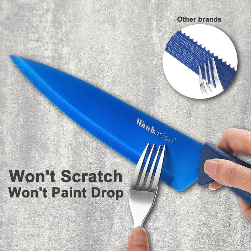 Wanbasion 7 Piece Blue Kitchen Knife Set with Magnetic Strip, Kitchen Knife Set Stainless Steel, Sharp Knife Set for Kitchen for Meat Vegetable Cutting - Image 3