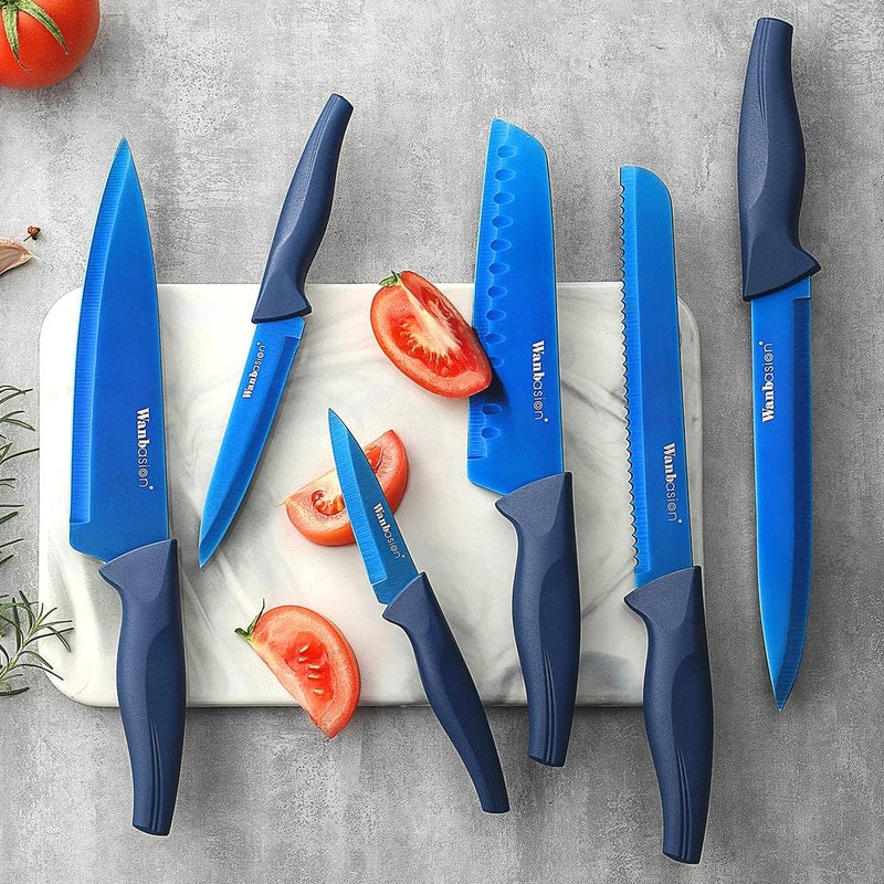 Wanbasion 7 Piece Blue Kitchen Knife Set with Magnetic Strip, Kitchen Knife Set Stainless Steel, Sharp Knife Set for Kitchen for Meat Vegetable Cutting - Image 2