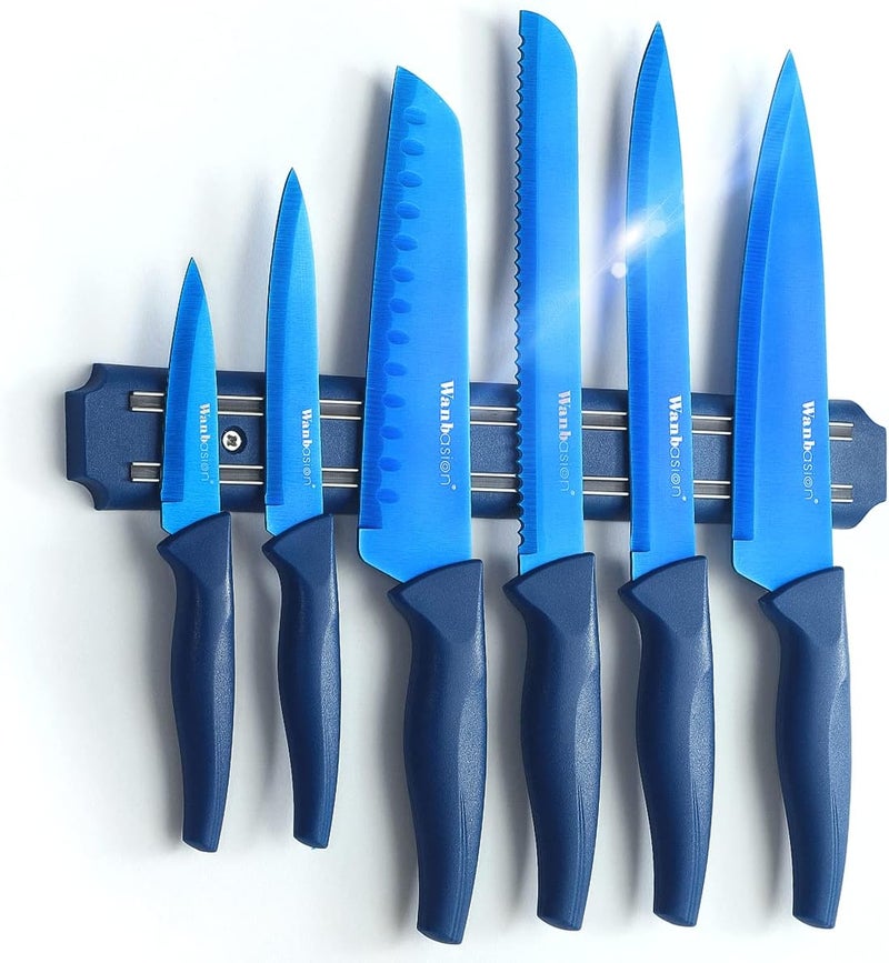 Wanbasion 7 Piece Blue Kitchen Knife Set with Magnetic Strip, Kitchen Knife Set Stainless Steel, Sharp Knife Set for Kitchen for Meat Vegetable Cutting - Image 1