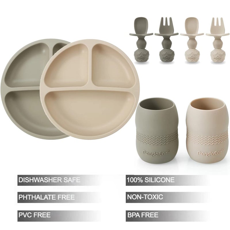 PandaEar Silicone Baby Feeding Set| 2 Pack Silicone Divided Suction Plate and 2 Pack Tiny Cup with 2 Spoons 2 Forks| Baby Led Weaning Supplies Self Feeding Eating Utensils (Light Tan/Walnut) - Image 2