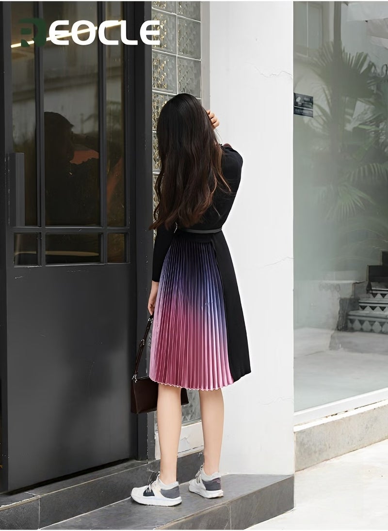 REOCLE Women's Black Gradient Pleated Patchwork Drawstring Knitted Midi Dress Stand Collar Dress Autumn and Winter Slim Fit with Belt - Image 5