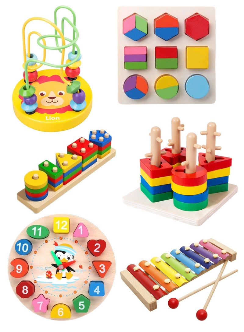 Capstro Montessori Wooden Learning Toy Set – 6-in-1 Educational Collection with Shape Sorting Puzzles (Three-Part, Four Pillar & Five Column), Lion Bead Maze, Penguin Teaching Clock & Rainbow Xylophone for Kids - Image 1