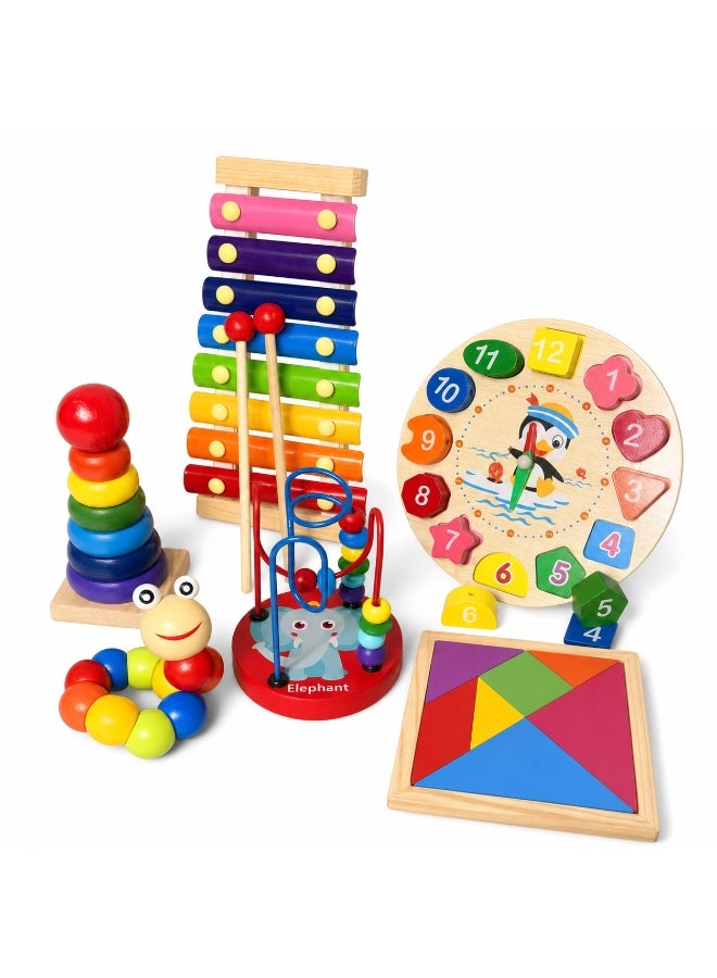 Capstro Wooden Learning Toy Set for Toddlers – 6 Piece Early Learning Activity Kit with Xylophone, Learning Clock, Rainbow Stacker, Bead Maze & Puzzle – 6IN1 Set - Image 1