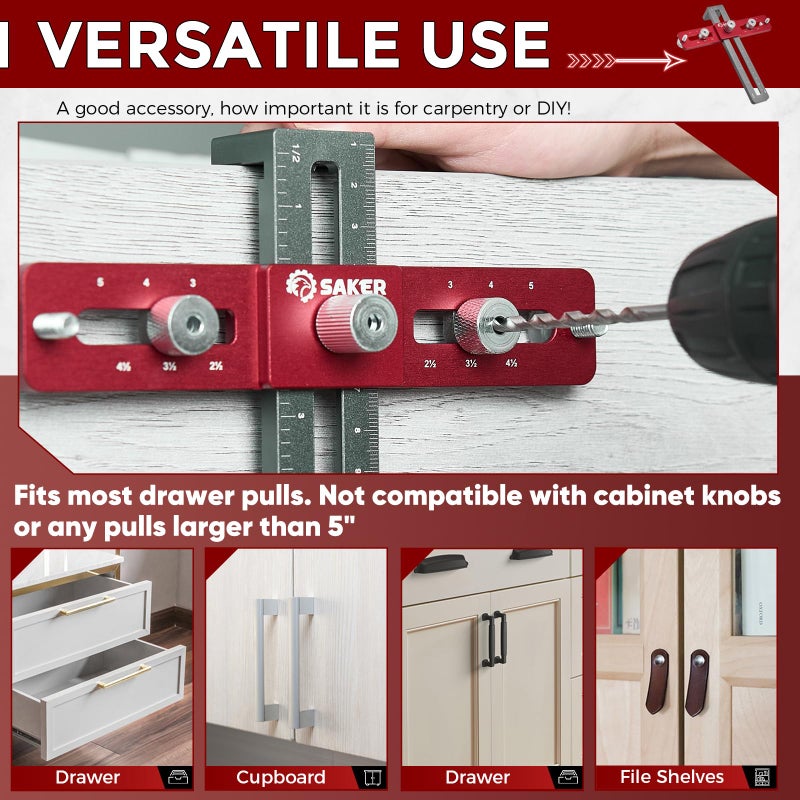 Saker Cabinet Hardware Doweling Jig - Cabinet Handle Template Tool for Knobs and Pull - Adjustable Self Centering Punch Locator Precise Woodworking Drill Guide (5" Jig Saw) - Image 4
