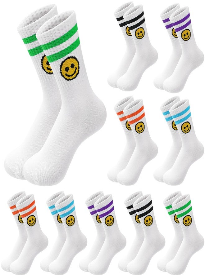 Bunnycool 10 Pairs Cute Smiling Face Socks Cotton Striped Tube Novelty Funny Crew Double Stripes Smile Athletic Socks for Women Girls - Image 1