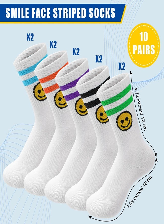 Bunnycool 10 Pairs Cute Smiling Face Socks Cotton Striped Tube Novelty Funny Crew Double Stripes Smile Athletic Socks for Women Girls - Image 2