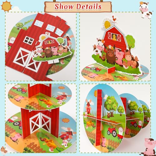 QIFU 2Pcs Farm Cupcake Stand - 3 Tier Farm Animals Theme Birthday Party Decorations Cardboard Cake Holder Dessert Tower for Kids Barnyard Farmhouse Farmstand Baby Shower Party Supplies Favors - Image 4