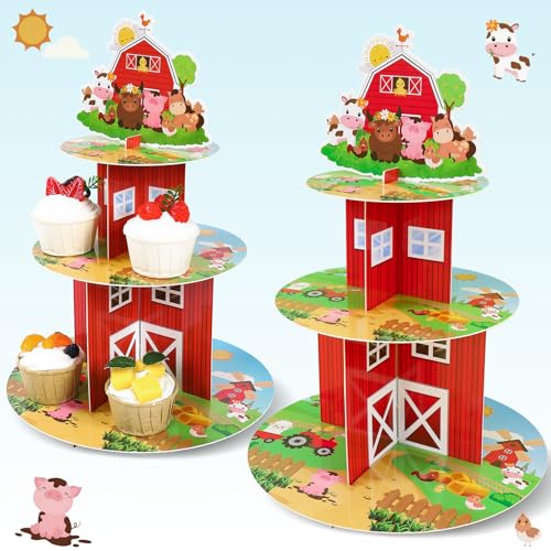 QIFU 2Pcs Farm Cupcake Stand - 3 Tier Farm Animals Theme Birthday Party Decorations Cardboard Cake Holder Dessert Tower for Kids Barnyard Farmhouse Farmstand Baby Shower Party Supplies Favors - Image 1