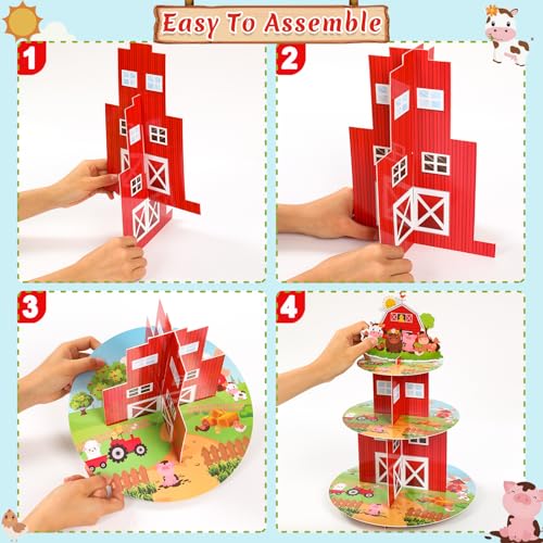 QIFU 2Pcs Farm Cupcake Stand - 3 Tier Farm Animals Theme Birthday Party Decorations Cardboard Cake Holder Dessert Tower for Kids Barnyard Farmhouse Farmstand Baby Shower Party Supplies Favors - Image 5