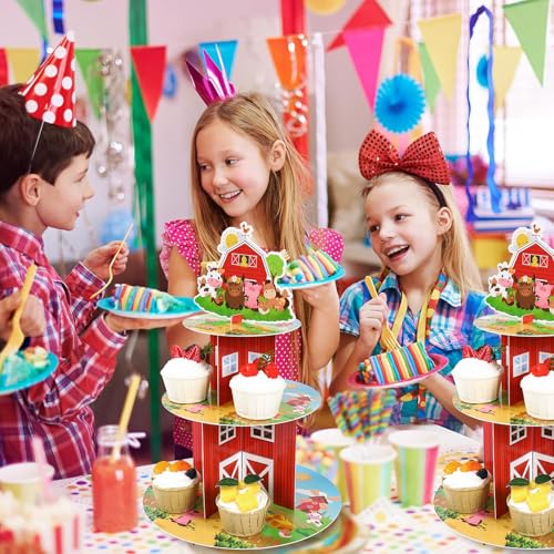 QIFU 2Pcs Farm Cupcake Stand - 3 Tier Farm Animals Theme Birthday Party Decorations Cardboard Cake Holder Dessert Tower for Kids Barnyard Farmhouse Farmstand Baby Shower Party Supplies Favors - Image 2