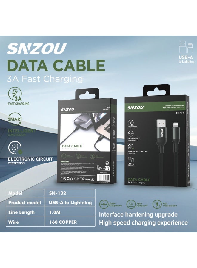SNZOU SmartCharge 3A USB-A to Lightning Cable SN-132 - Black - Image 3