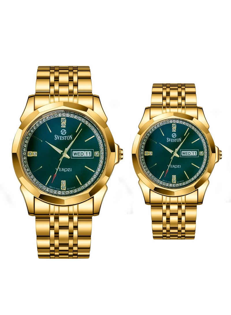 Sveston Verozi Analog Quartz Green Dial Stainless Steel Couple Set Watch SV 7411 - Image 1