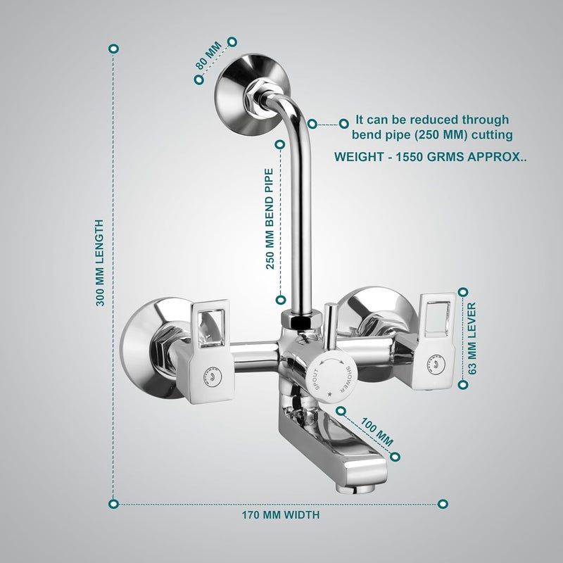 Waterman Cube Brass Wall Mixer 2 in 1 with 250mm Long Adjustable L Bend Pipe for Bathroom Chrome Finish Wall Mixer Faucet Wall Mount Installation Type - Image 2