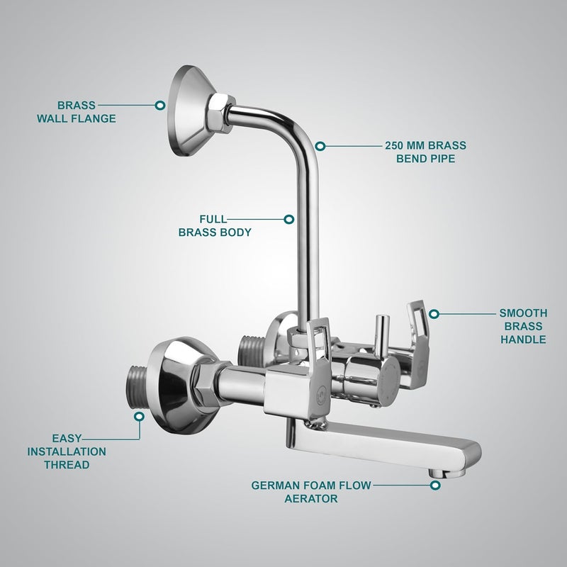 Waterman Cube Brass Wall Mixer 2 in 1 with 250mm Long Adjustable L Bend Pipe for Bathroom Chrome Finish Wall Mixer Faucet Wall Mount Installation Type - Image 3