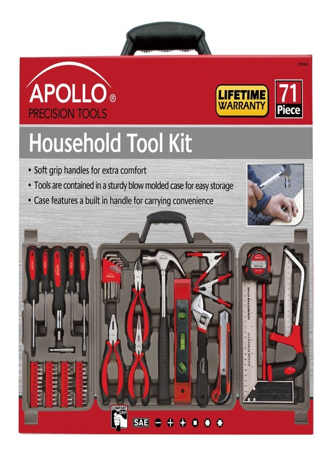 Apollo Tools 71 Piece Complete Household Tool Set with Clamp, Hacksaw, Carpenter Square, Screwdriver and Plier Sets for College, Home Repairs and DIY - Red - DT0204 - Image 2