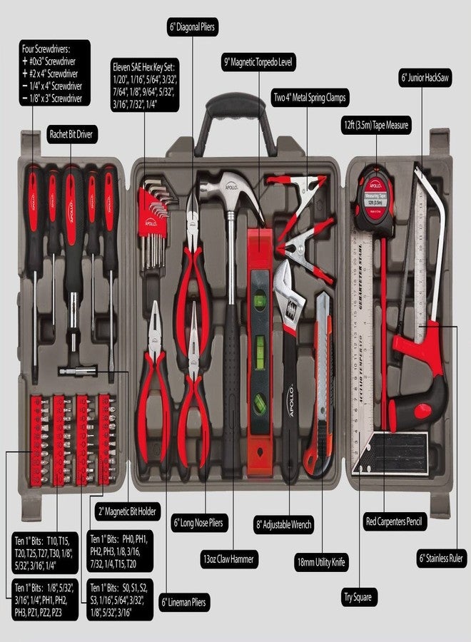 Apollo Tools 71 Piece Complete Household Tool Set with Clamp, Hacksaw, Carpenter Square, Screwdriver and Plier Sets for College, Home Repairs and DIY - Red - DT0204 - Image 5