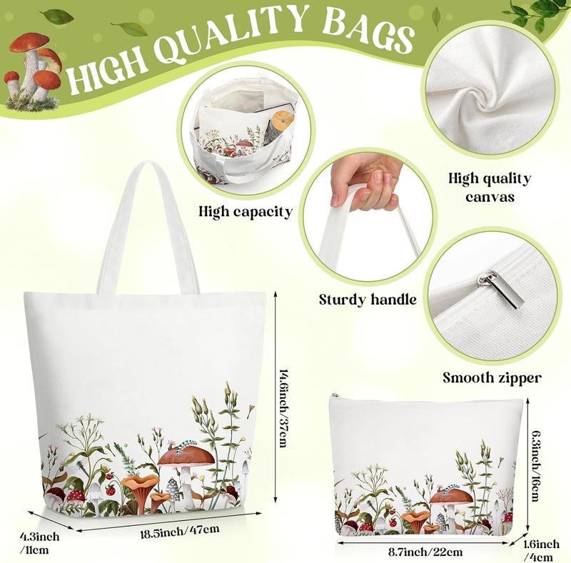 FoldTier 3 Pcs Plant Lover Gifts for WomenFloral Themed Gifts for GardenersMomAesthetic Flower Canvas Tote Bag16 oz Coffee Cup with Straw LidMakeup Bag for Baby ShowerWeddingWhiteMushroom  - Image 2