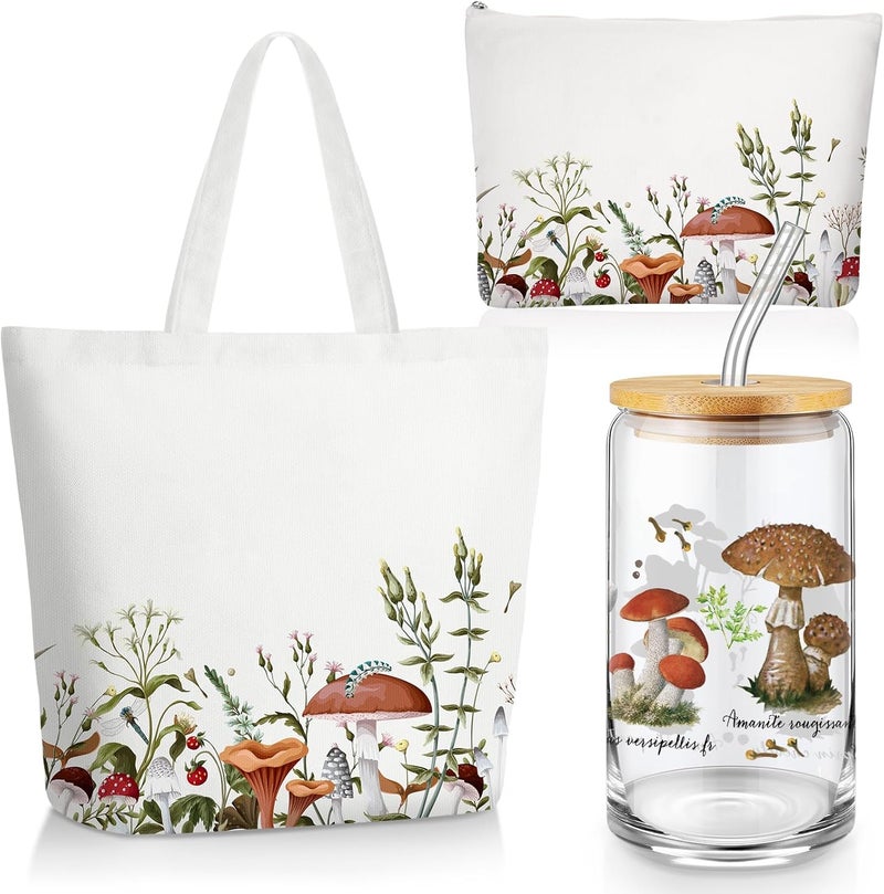 FoldTier 3 Pcs Plant Lover Gifts for WomenFloral Themed Gifts for GardenersMomAesthetic Flower Canvas Tote Bag16 oz Coffee Cup with Straw LidMakeup Bag for Baby ShowerWeddingWhiteMushroom  - Image 1