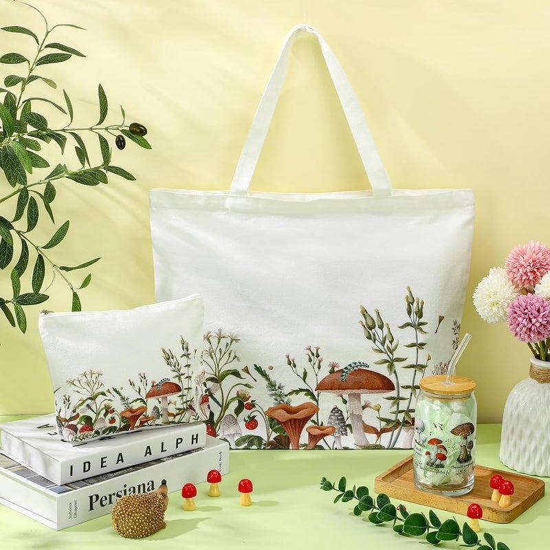 FoldTier 3 Pcs Plant Lover Gifts for WomenFloral Themed Gifts for GardenersMomAesthetic Flower Canvas Tote Bag16 oz Coffee Cup with Straw LidMakeup Bag for Baby ShowerWeddingWhiteMushroom  - Image 4