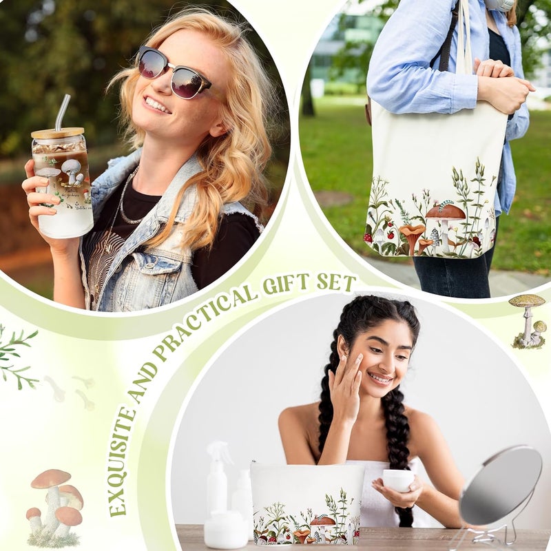 FoldTier 3 Pcs Plant Lover Gifts for WomenFloral Themed Gifts for GardenersMomAesthetic Flower Canvas Tote Bag16 oz Coffee Cup with Straw LidMakeup Bag for Baby ShowerWeddingWhiteMushroom  - Image 5