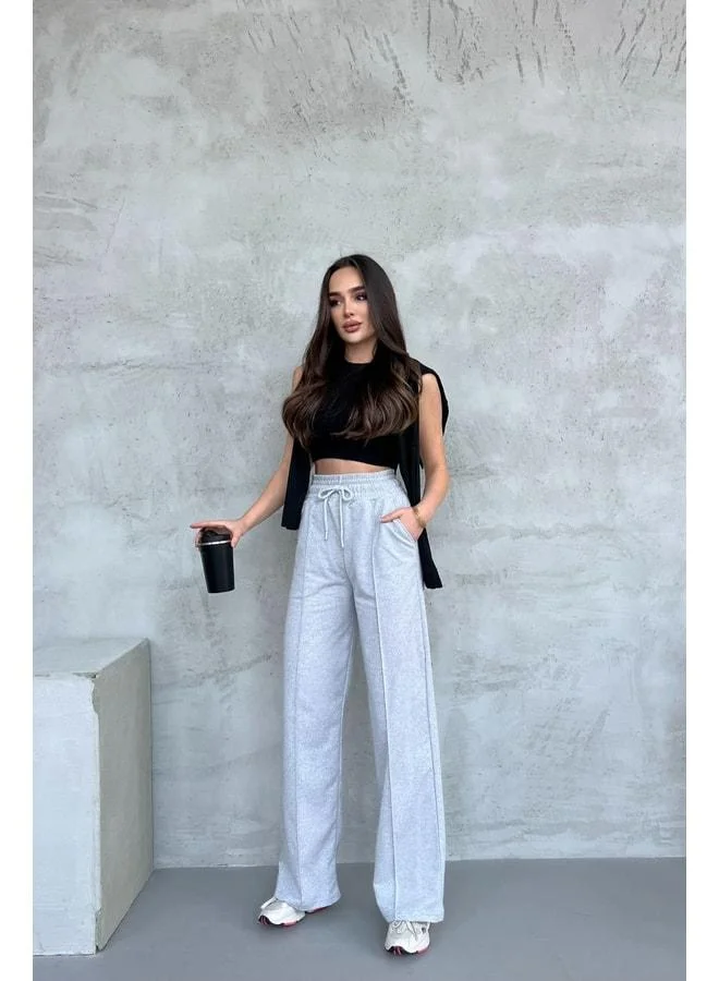 Mmetalic Women's Seasonal Loose-Fit Wide-Leg High-Waist Gray Sweatpants