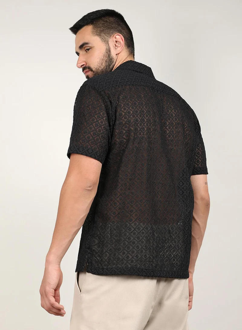 Campus Sutra Men's Midnight Black Floral Embroidered Shirt