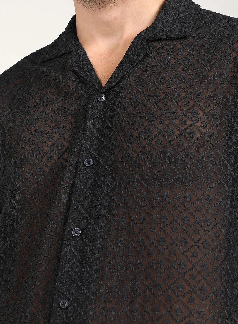 Campus Sutra Men's Midnight Black Floral Embroidered Shirt