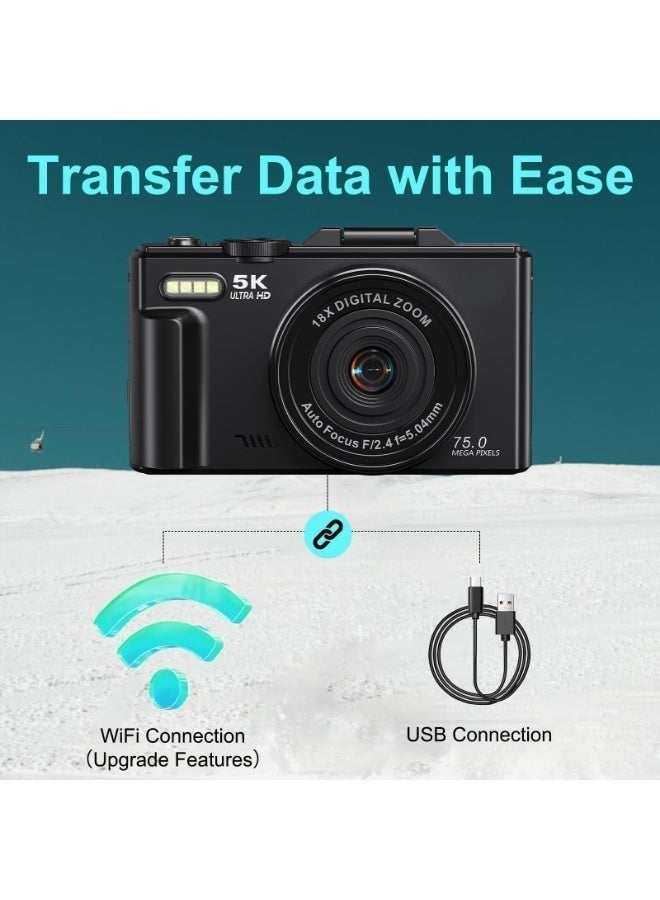 Daxiongmao 75MP 5K Digital Camera Kit with 18X Zoom, Auto Focus, Compact Portable Travel Camera Includes 64GB Card & 2 Batteries, Ideal for Vlogging, Photography and Teens - Image 5