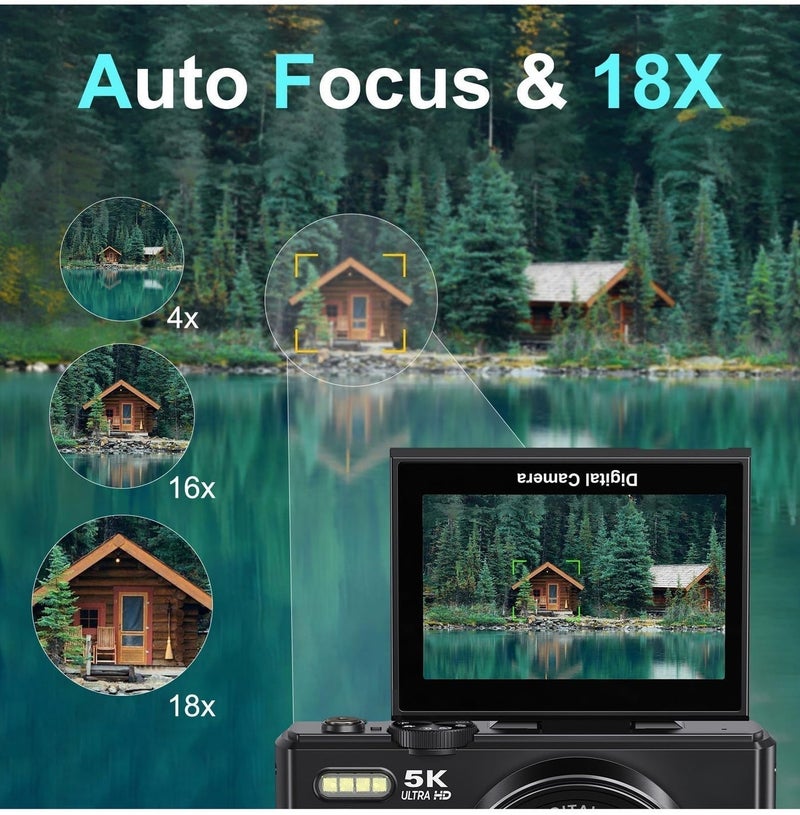 Daxiongmao 75MP 5K Digital Camera Kit with 18X Zoom, Auto Focus, Compact Portable Travel Camera Includes 64GB Card & 2 Batteries, Ideal for Vlogging, Photography and Teens - Image 4