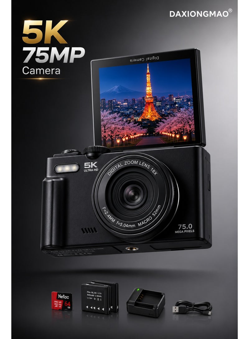 Daxiongmao 75MP 5K Digital Camera Kit with 18X Zoom, Auto Focus, Compact Portable Travel Camera Includes 64GB Card & 2 Batteries, Ideal for Vlogging, Photography and Teens - Image 1