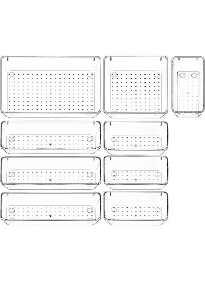 Arabest 9 Pcs Desk Drawer Organizers Trays Set Clear Plastic Storage Bins Bathroom Drawer Tray Dividers Vanity Trays Organizer for Bedroom Dresser Makeup Kitchen Utensil Office  - Image 1