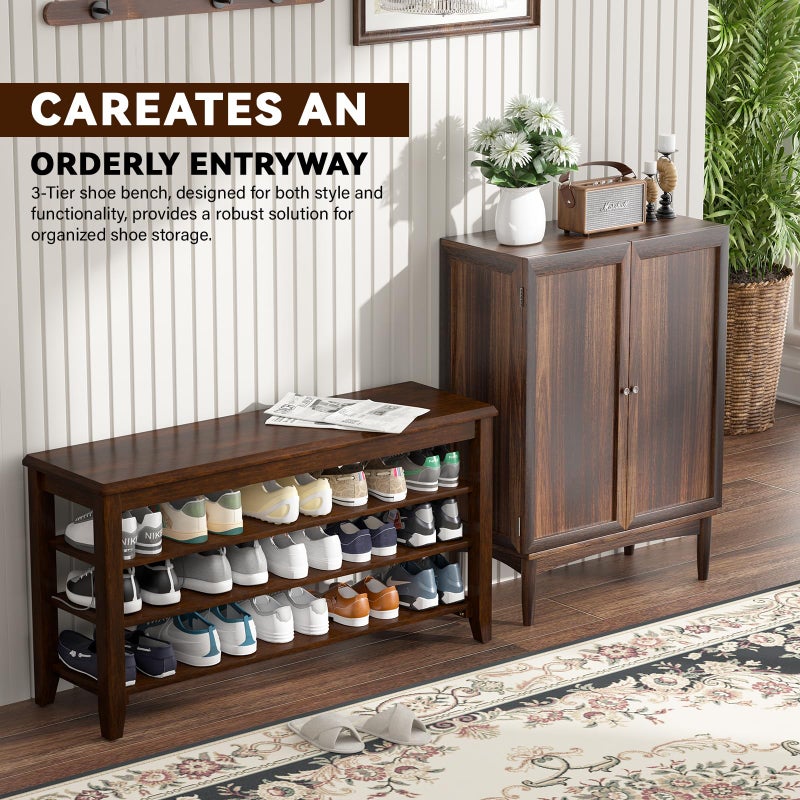 Taitiy Shoe Bench Storage Rubberwood, Entryway Bench with 3-Tiers Height Adjustable, Shoe Rack Front Door Entrance Organizer for Hallway Living Room, Mudrooms, Walnut,23.6" - Image 4