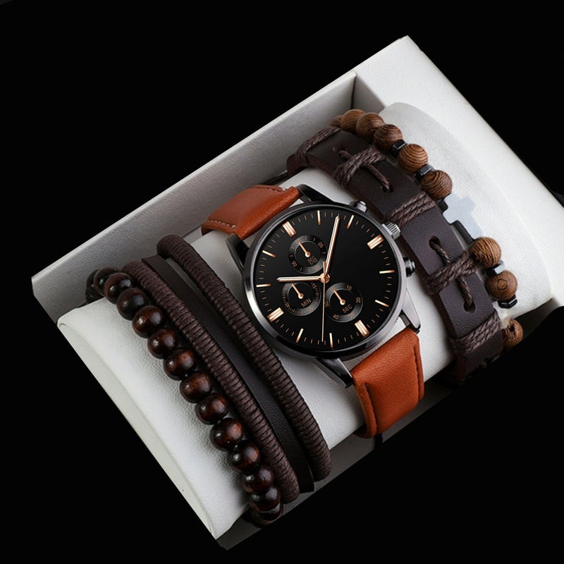 Mens Fashion Watch and Bracelet Set Coffee watch bracelet set of 4 657-9