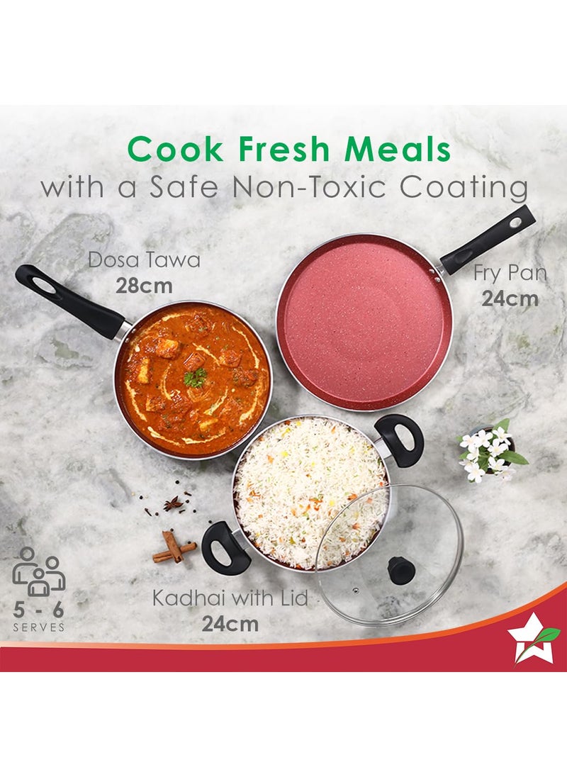 Wonderchef - Wonderchef Galaxy Cookware 4 Piece Set | Kadhai with Lid, Fry Pan, Dosa Tawa | Induction Friendly | Cool Touch Bakelite Handles | Pure Grade Aluminium| PFOA Free| 2 Years Warranty | Brick Red - Image 1