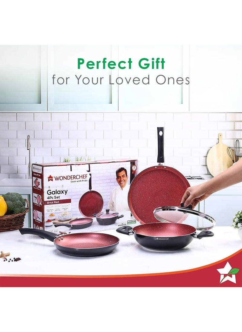 Wonderchef - Wonderchef Galaxy Cookware 4 Piece Set | Kadhai with Lid, Fry Pan, Dosa Tawa | Induction Friendly | Cool Touch Bakelite Handles | Pure Grade Aluminium| PFOA Free| 2 Years Warranty | Brick Red - Image 1