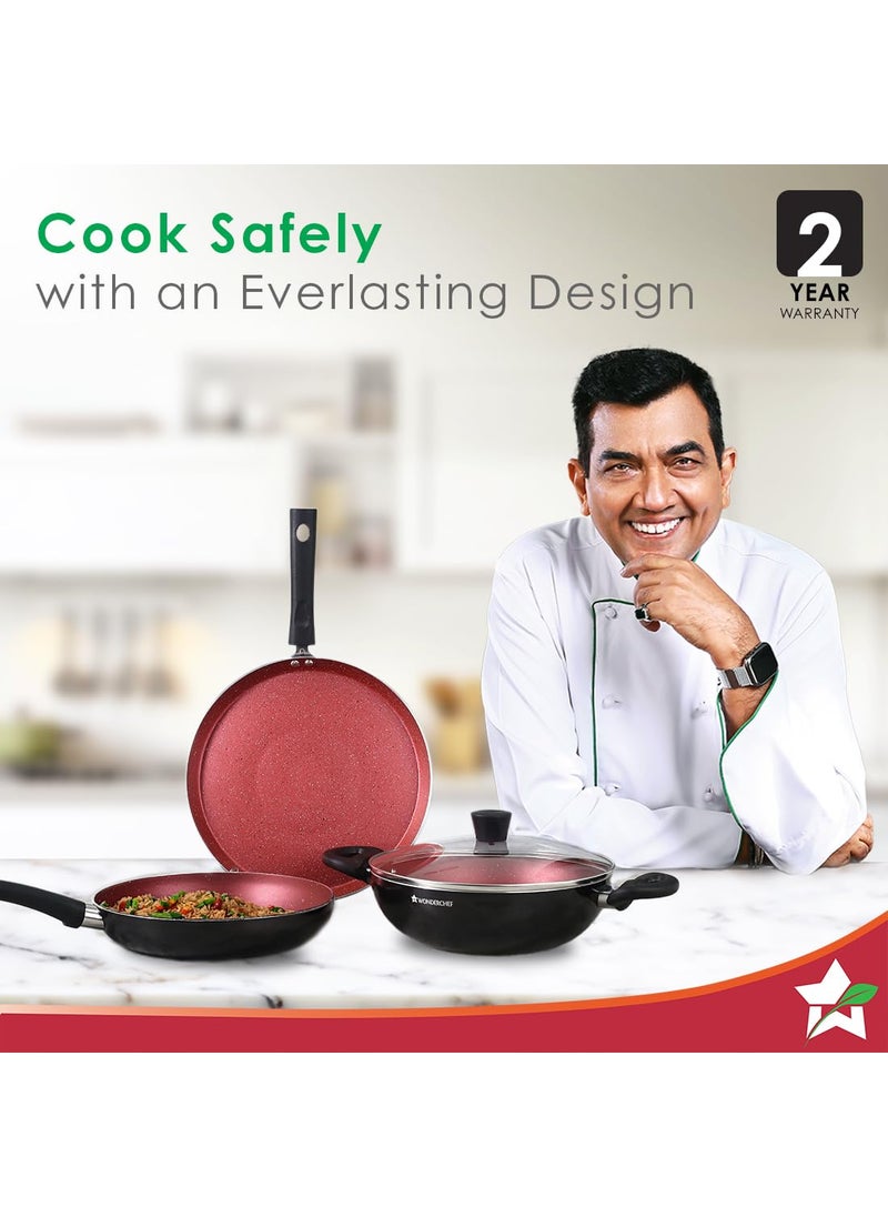 Wonderchef - Wonderchef Galaxy Cookware 4 Piece Set | Kadhai with Lid, Fry Pan, Dosa Tawa | Induction Friendly | Cool Touch Bakelite Handles | Pure Grade Aluminium| PFOA Free| 2 Years Warranty | Brick Red - Image 1