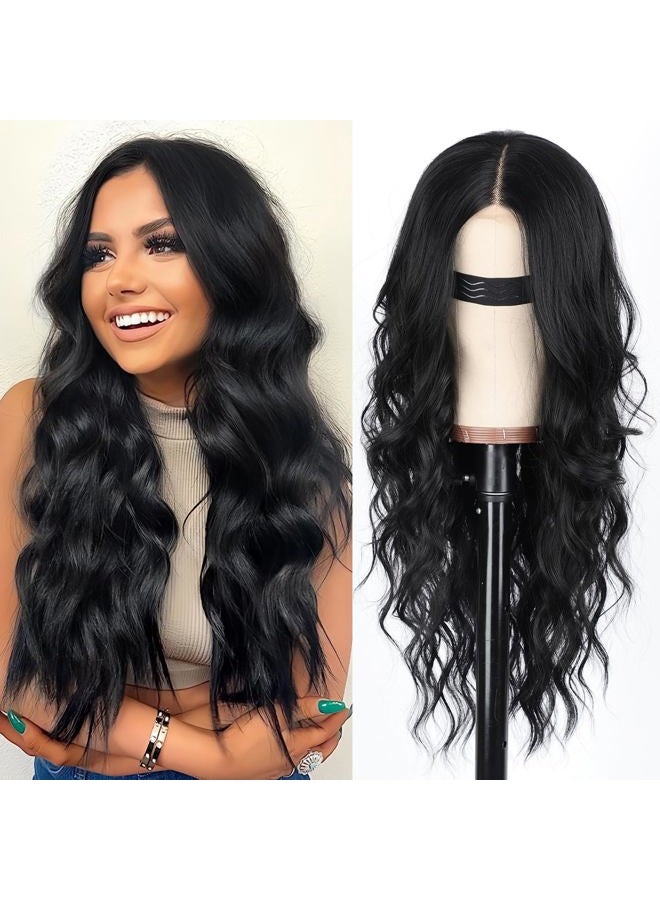 AISI HAIR Black Wig for Women, Long Wavy Lace Hairline Wig, 26 Inch Middle Part Synthetic Heat Resistant Wig for Daily Party - Image 1