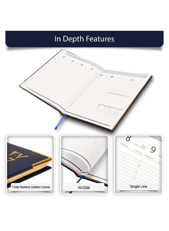 FIS 2027 Golden Executive Diary, 210x260mm, 1 Side Padded Vinyl Cover, Gilded Edges, Golden Corners, 1 Week at a Glance, Arabic/English/French, 70gsm White Paper, Blue Cover - FSDI32AEG27BL - Image 3