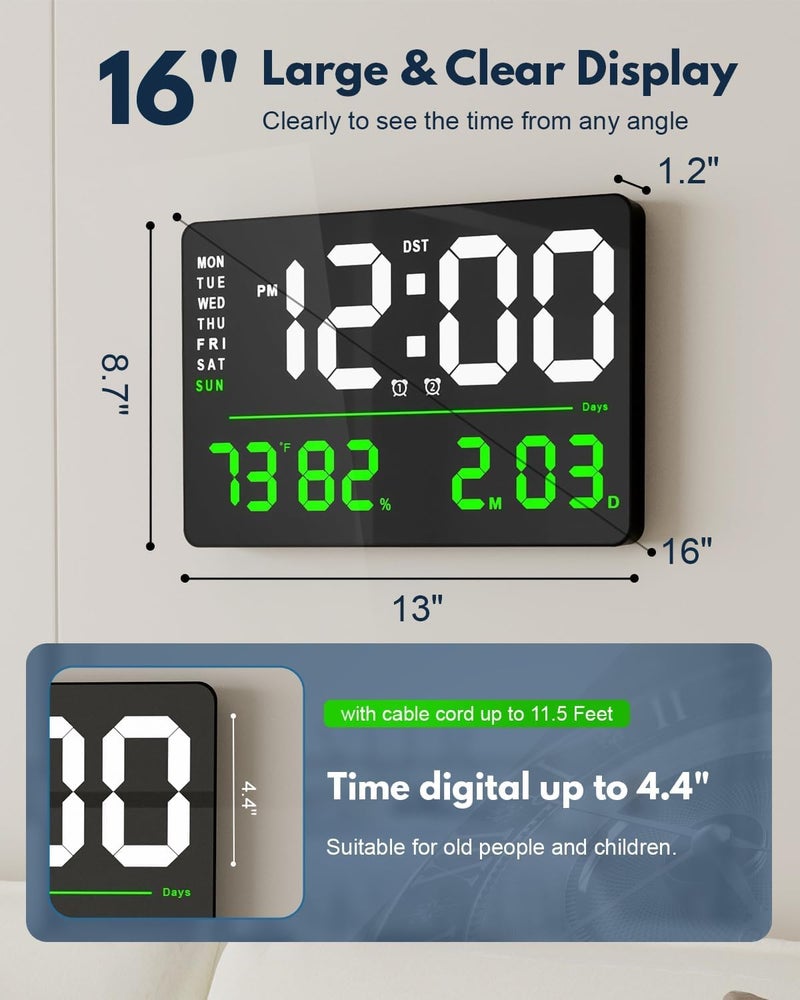 SYGNIUS Digital Wall Clock Digital Clock Large Display Dual Alarms Automatic Brightness Dimmer Easy Track The Time Date Day of Week and Temperature with Remote Control Square Digital Wall Clock1 - Image 2