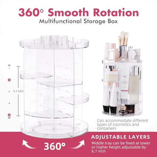 ALOXE Makeup Organizer, 360 Degree Rotating Cosmetic Storage Organizer, 7 Adjustable Layers Large Capacity Makeup Display Case, Fits Jewellery Makeup Brushes and Lipsticks, Clear Acrylic - Image 3
