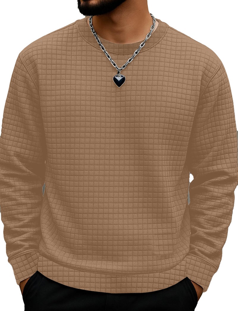 KAJARU Quilted Pattern Long Sleeve Sweatshirt, Round Neck, Men's Casual Pullover, Grey, Black, Beige (in, Alpha, M, CHIKU) - Image 1