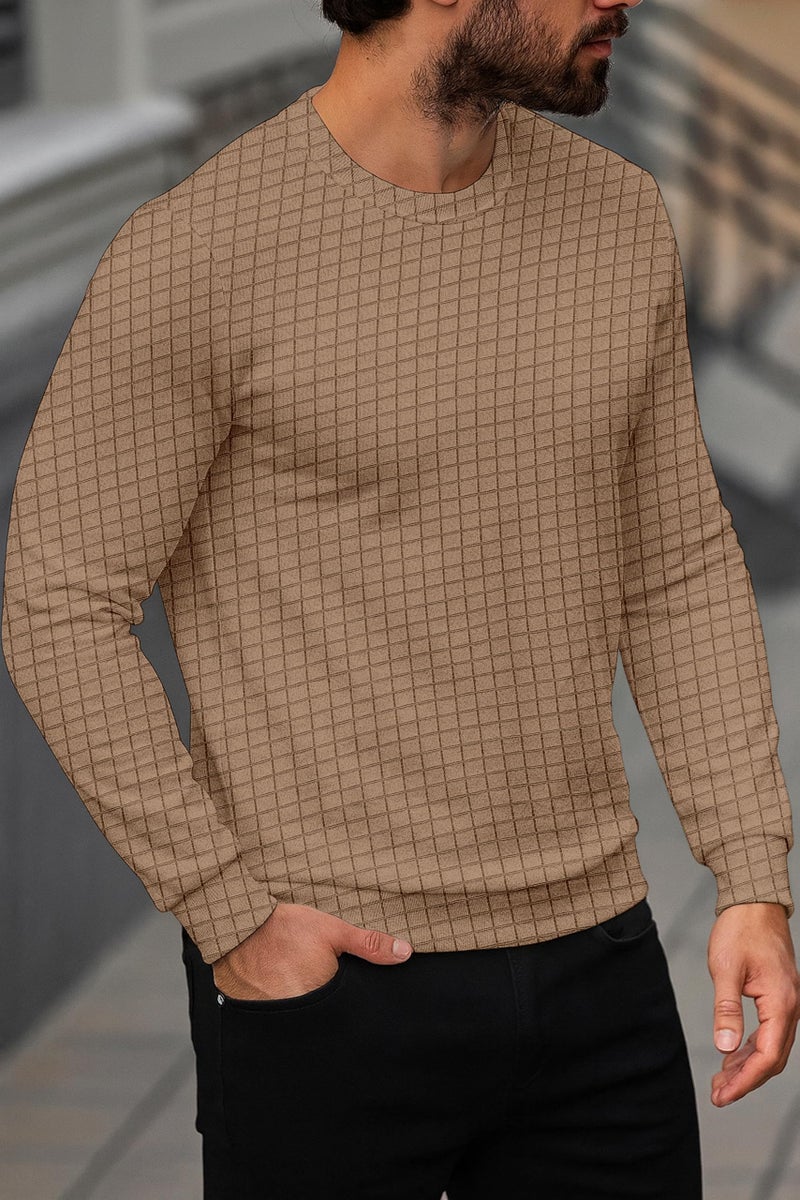 KAJARU Quilted Pattern Long Sleeve Sweatshirt, Round Neck, Men's Casual Pullover, Grey, Black, Beige (in, Alpha, M, CHIKU) - Image 3