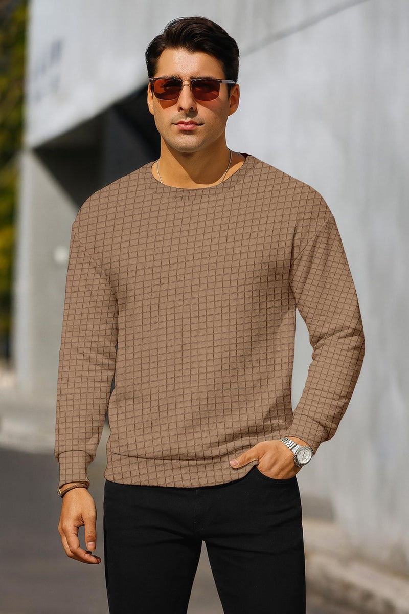 KAJARU Quilted Pattern Long Sleeve Sweatshirt, Round Neck, Men's Casual Pullover, Grey, Black, Beige (in, Alpha, M, CHIKU) - Image 5